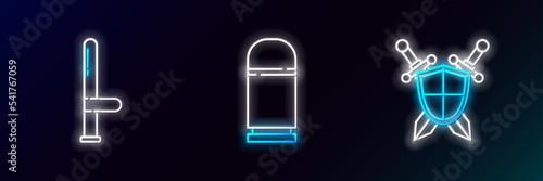 Set line Medieval shield with crossed swords, Police rubber baton and Cartridges icon. Glowing neon. Vector