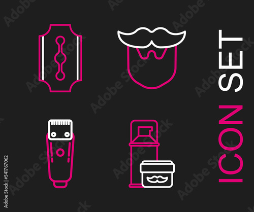 Set line Shaving gel foam, Electrical hair clipper or shaver, Mustache and beard and Blade razor icon. Vector