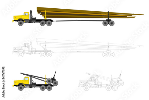 Set of vector isolated image of a truck transporting timber