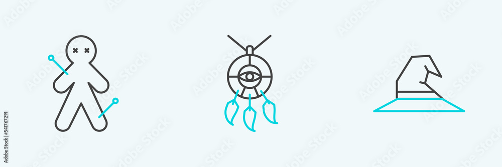 Set line Witch hat, Voodoo doll and Dream catcher with feathers icon. Vector Set line Witch hat, Voodoo doll and Dream catcher with feathers icon. Vector