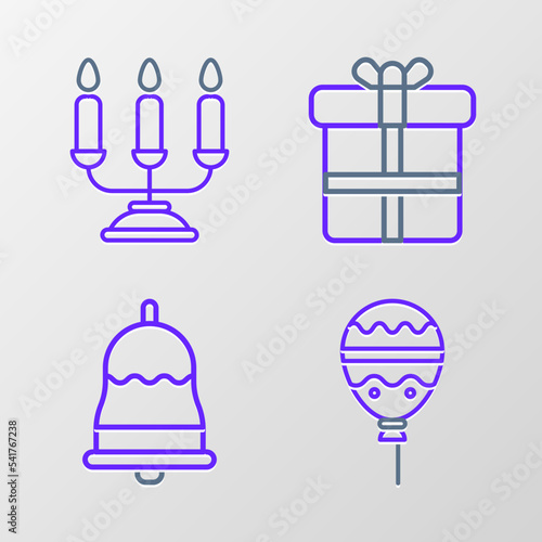 Set line Balloons with ribbon  Ringing bell  Gift box and Candelabrum candlesticks icon. Vector