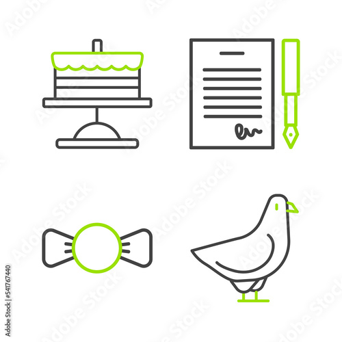Set line Dove, Bow tie, Marriage contract and Cake plate icon. Vector