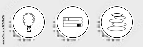 Set line Stack hot stones, Sauna broom and Towel stack icon. Vector