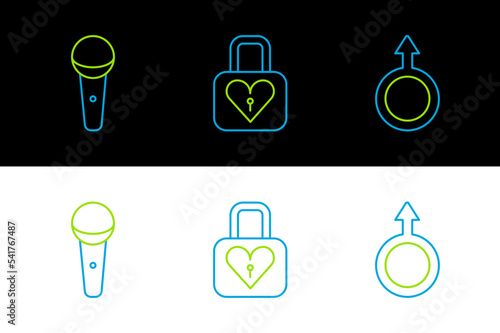 Set line Male gender symbol, Microphone and Lock and heart icon. Vector
