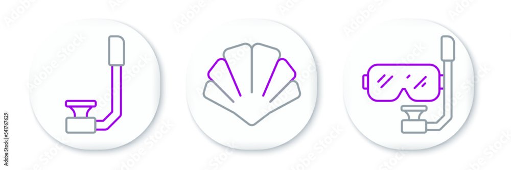 Set line Diving mask and snorkel, Snorkel and Scallop sea shell icon. Vector Set line Diving mask and snorkel, Snorkel and Scallop sea shell icon. Vector