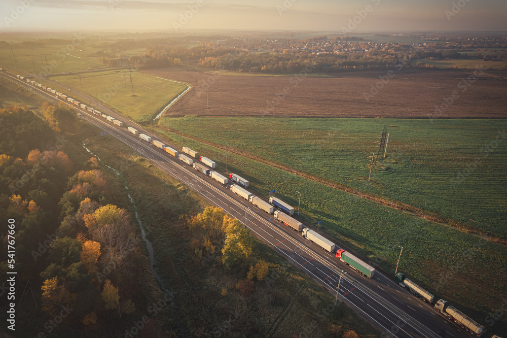 A line of trucks on the border of Belarus and Poland