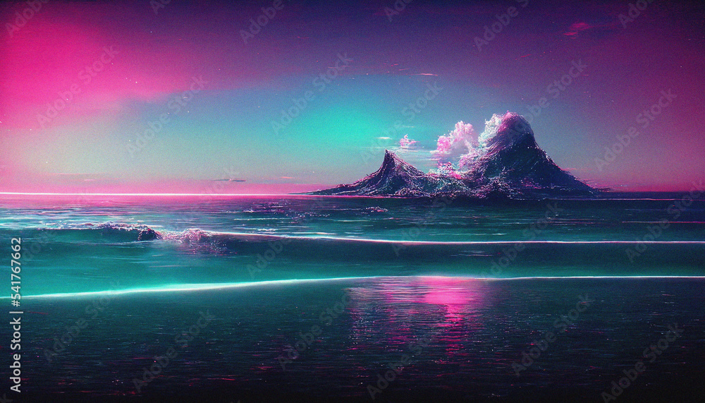 Abstract Retro futuristic  sci-fi synthwave landscape in space with stars. Vaporwave stylized  illustration for EDM music  Ai generated.