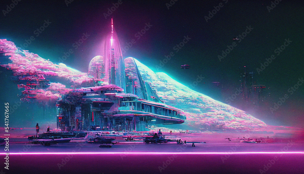 Abstract Retro futuristic  sci-fi synthwave landscape in space with stars. Vaporwave stylized 3D illustration for EDM music  Ai render. - obrazy, fototapety, plakaty 