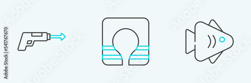 Set line Fish, Fishing harpoon and Life jacket icon. Vector