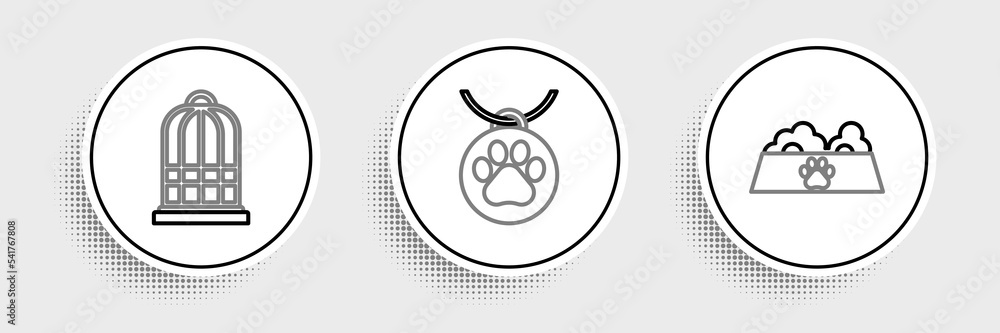 Set line Pet food bowl for cat or dog, Cage birds and Collar with name tag icon. Vector Set line Pet food bowl for cat or dog, Cage birds and Collar with name tag icon. Vector