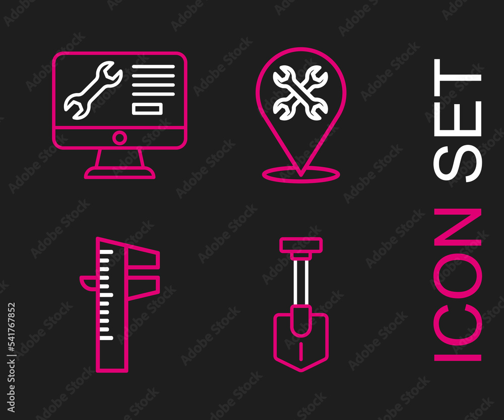 Set line Shovel, Calliper or caliper and scale, Location with wrench and Computer monitor service icon. Vector Set line Shovel, Calliper or caliper and scale, Location with wrench and Computer monitor service icon. Vector
