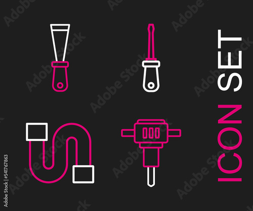 Set line Construction jackhammer, Industry pipe, Screwdriver and Putty knife icon. Vector