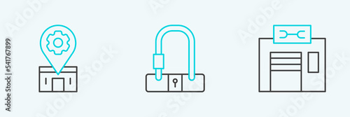 Set line Bicycle repair service, and lock icon. Vector