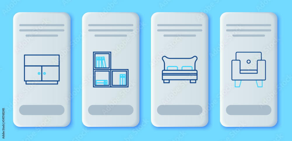 Set line Shelf with books, Big bed, Wardrobe and Armchair icon. Vector Set line Shelf with books, Big bed, Wardrobe and Armchair icon. Vector