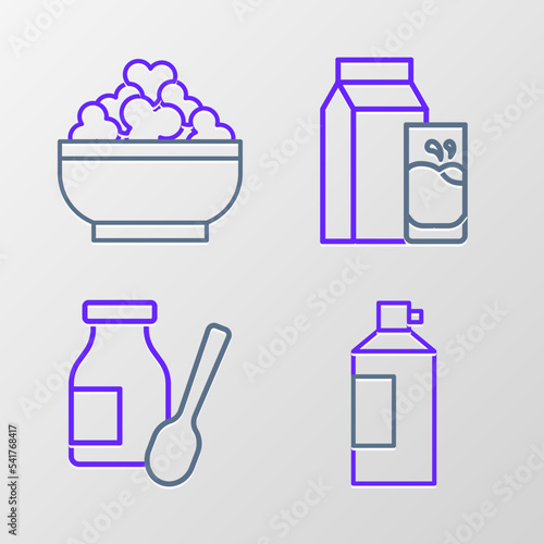 Set line Whipped cream in bottle, Drinking yogurt, Paper package for kefir and Cottage cheese icon. Vector