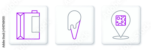 Set line Cheese, Paper package for kefir and Ice cream in waffle cone icon. Vector