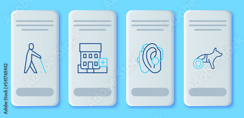 Set line Medical hospital building, Hearing aid, Blind human holding stick and Dog wheelchair icon. Vector