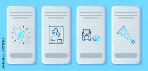Set line X-ray shots, Disabled car, Joint pain, knee pain and Crutch or crutches icon. Vector
