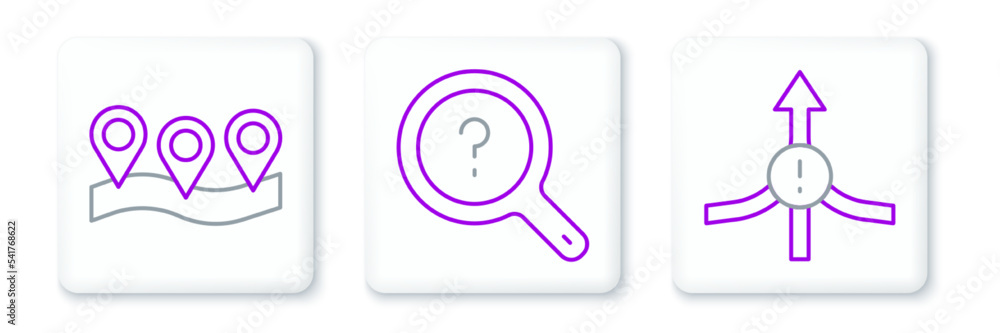 Set line Arrow, Location and Unknown search icon. Vector