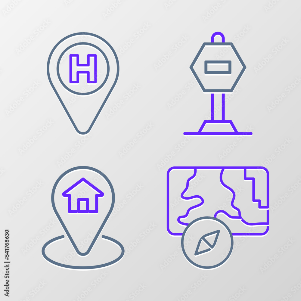Set line City map navigation, Location with house, Stop sign and Helicopter landing pad icon. Vector Set line City map navigation, Location with house, Stop sign and Helicopter landing pad icon. Vector