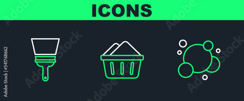 Set line Soap water bubbles, Rubber cleaner for windows and Basin with soap suds icon. Vector