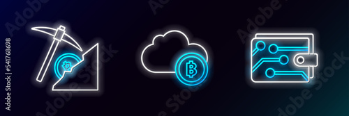 Set line Cryptocurrency wallet, cloud mining and icon. Glowing neon. Vector