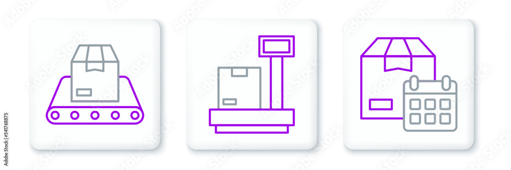 Set line Cardboard box with calendar, Conveyor belt and Scale cardboard icon. Vector Set line Cardboard box with calendar, Conveyor belt and Scale cardboard icon. Vector