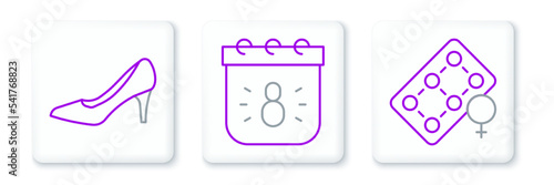 Set line Packaging of birth control pills, Woman shoe and Calendar with 8 March icon. Vector