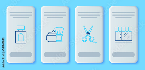 Set line Shaving brush with foam, Scissors hairdresser, Aftershave and Barbershop building icon. Vector