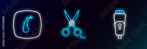 Set line Electric razor blade, Human hair follicle and Scissors hairdresser icon. Glowing neon. Vector