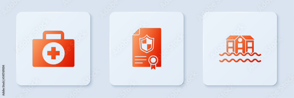 Set Contract with shield, First aid kit and House flood. White square button. Vector Set Contract with shield, First aid kit and House flood. White square button. Vector
