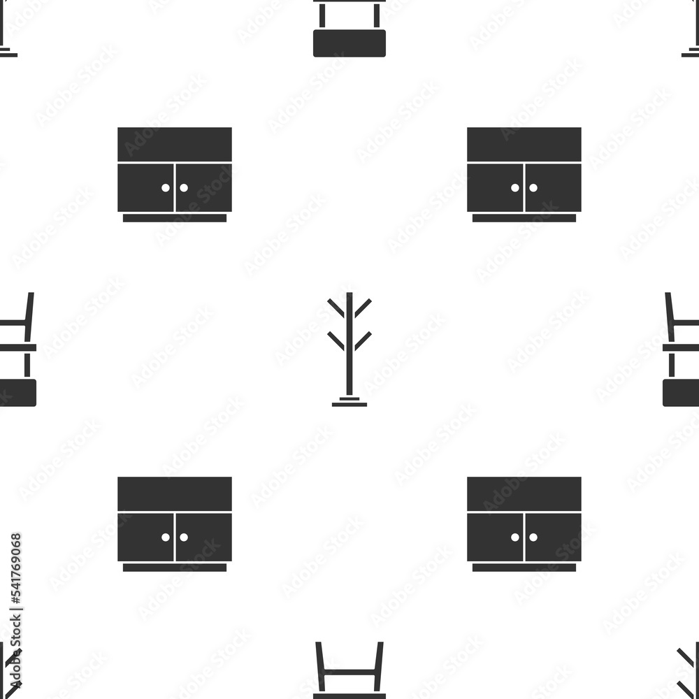Set Chair, Coat stand and Wardrobe on seamless pattern. Vector