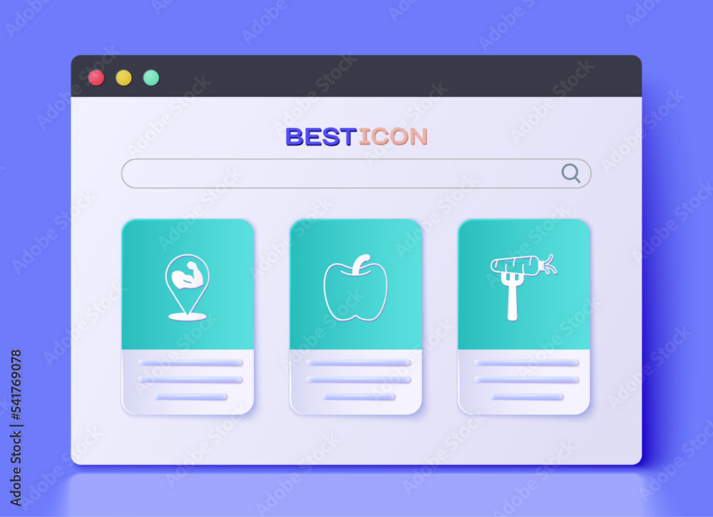 Set Apple, Bodybuilder muscle and Carrot on fork icon. Vector Set Apple, Bodybuilder muscle and Carrot on fork icon. Vector
