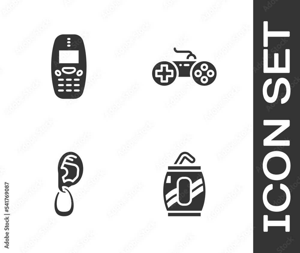 Set Soda can with straw, Old mobile phone, Ear earring and Gamepad icon. Vector Set Soda can with straw, Old mobile phone, Ear earring and Gamepad icon. Vector