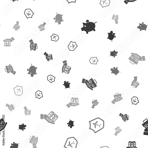 Set Piggy bank, Plane with shield, Hand holding briefcase and House hand on seamless pattern. Vector