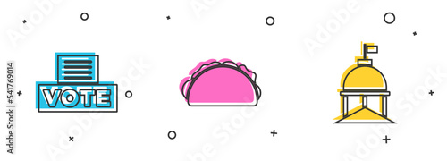 Set Vote box, Taco with tortilla and White House icon. Vector