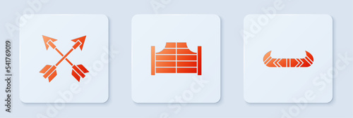 Set Saloon door, Crossed arrows and Kayak canoe and paddle. White square button. Vector