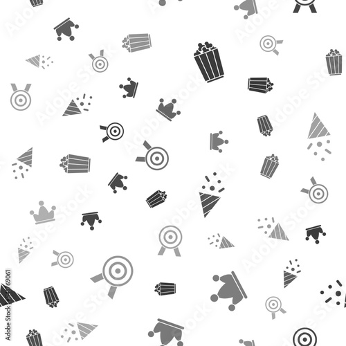 Set Popcorn in box, Jester hat with bells, Festive confetti and Target on seamless pattern. Vector