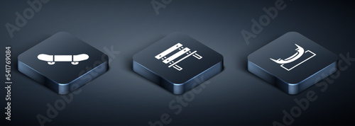Set Isometric Skateboard trick, Boat swing and Bench icon. Vector