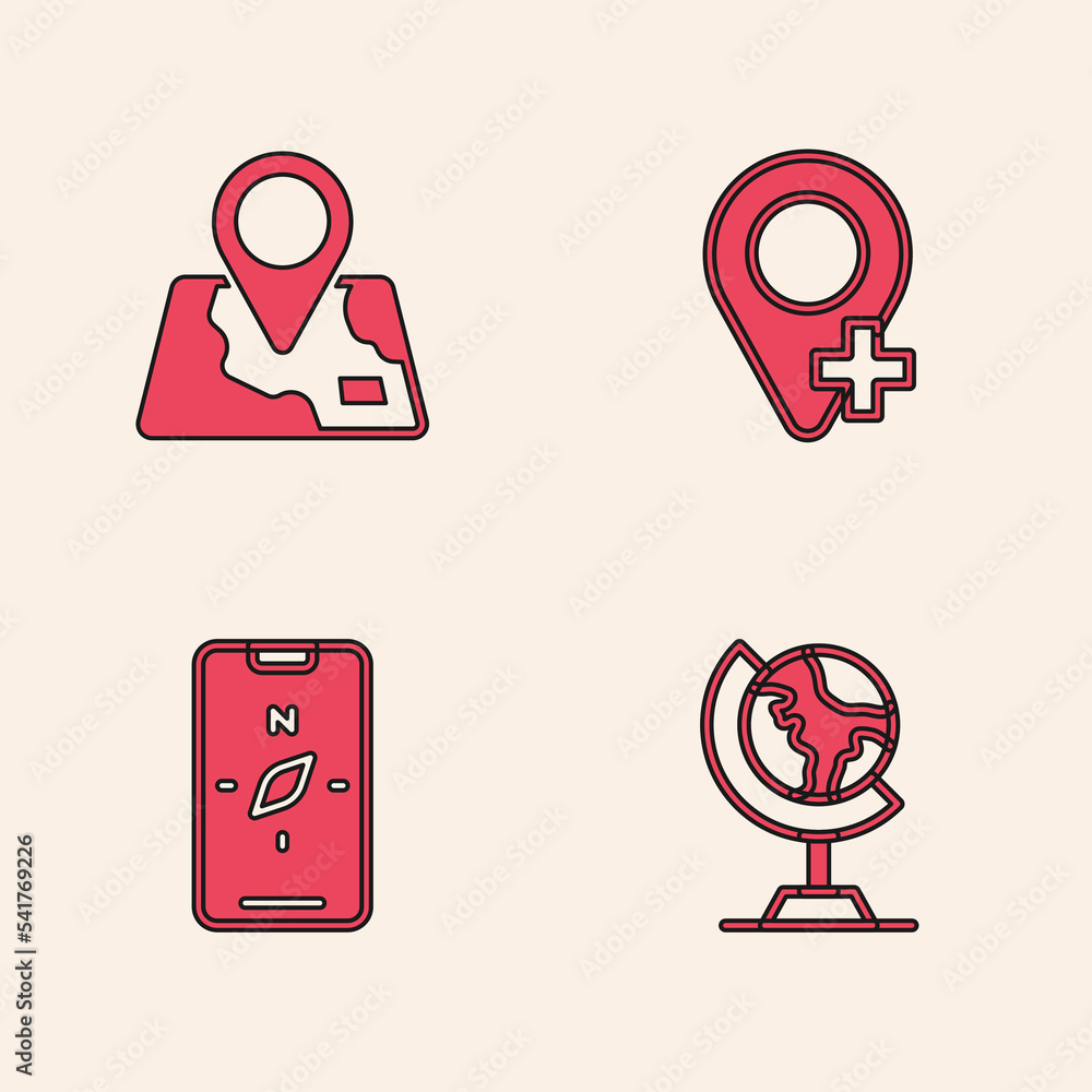 Set Earth globe, Folded map with location marker, Location and Compass mobile icon. Vector Set Earth globe, Folded map with location marker, Location and Compass mobile icon. Vector