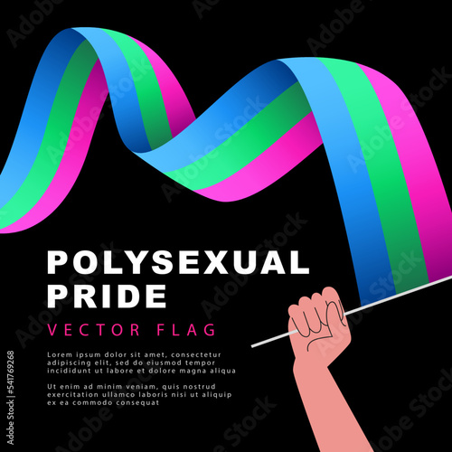 The flag of polysexual pride in the hand of a man. Sexual identification. A colorful logo of one of the LGBT flags. Vector