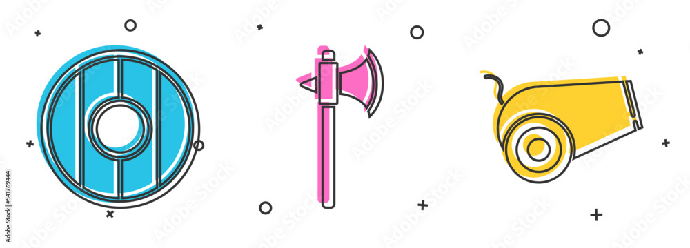Fototapeta premium Set Round wooden shield, Medieval axe and Cannon icon. Vector