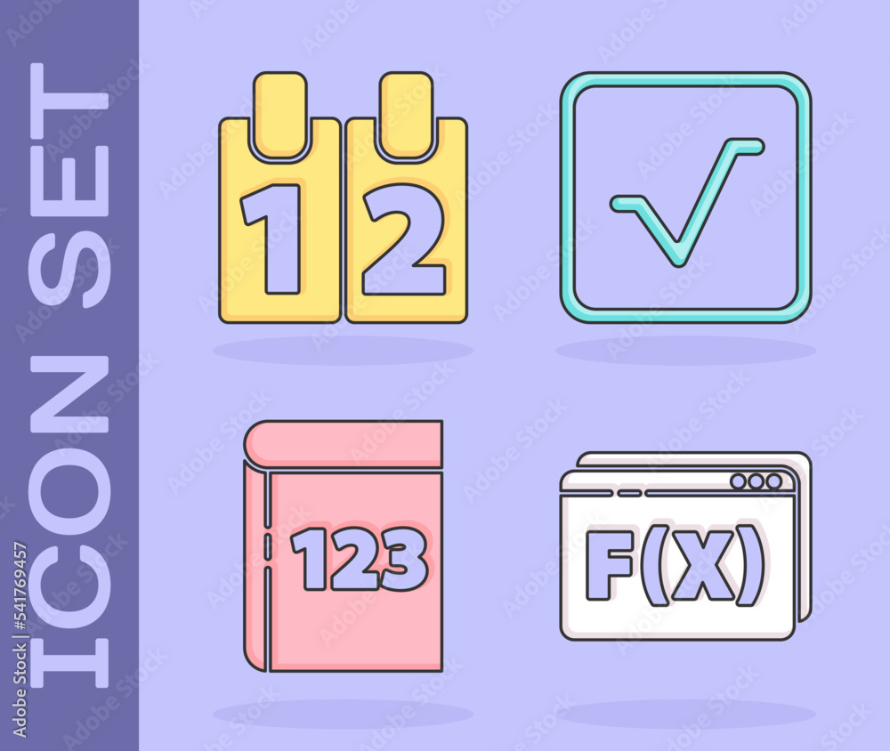 Set Function mathematical symbol, Calendar, Book with word mathematics and Square root icon. Vector Set Function mathematical symbol, Calendar, Book with word mathematics and Square root icon. Vector