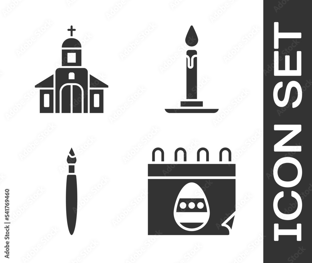 Obraz premium Set Calendar with Easter egg, Church building, Paint brush and Burning candle in candlestick icon. Vector