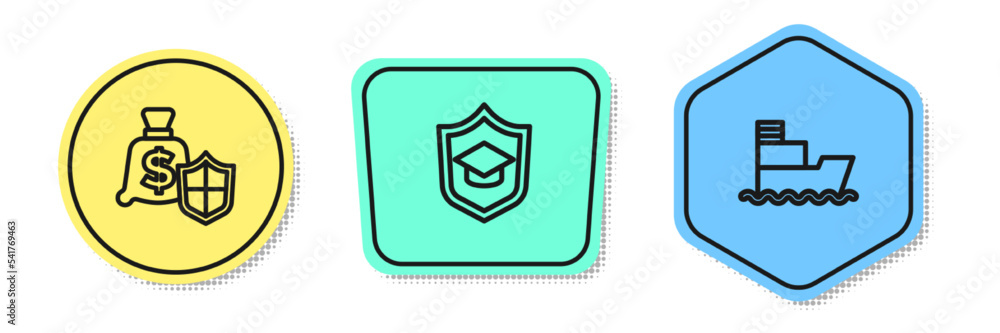 Set line Money with shield, Graduation cap and Ship. Colored shapes. Vector