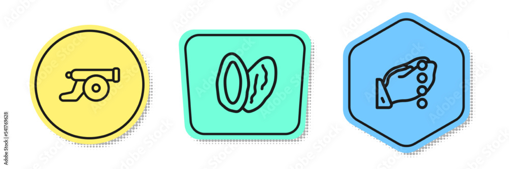 Set line Ramadan cannon, Date fruit and Hands in praying position. Colored shapes. Vector Set line Ramadan cannon, Date fruit and Hands in praying position. Colored shapes. Vector