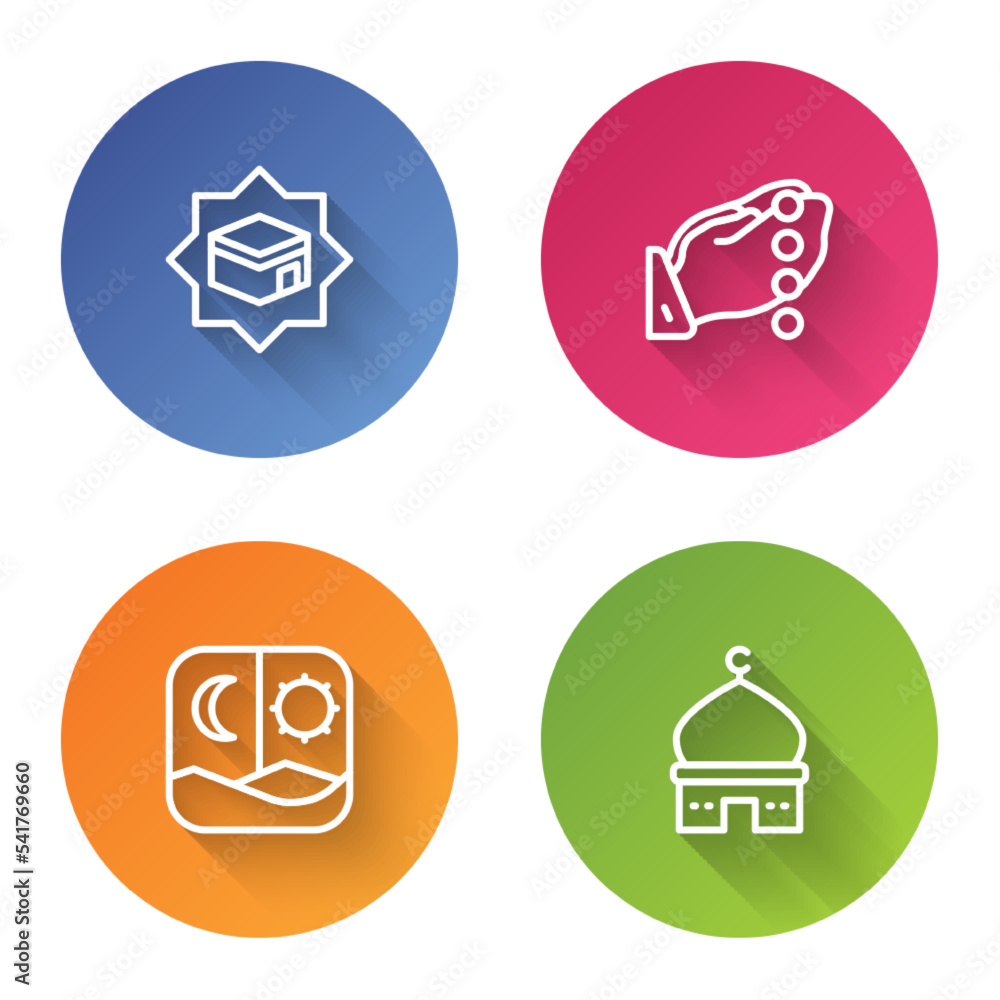 Set line Kaaba mosque, Hands in praying position, Ramadan fasting and Muslim Mosque. Color circle button. Vector Set line Kaaba mosque, Hands in praying position, Ramadan fasting and Muslim Mosque. Color circle button. Vector
