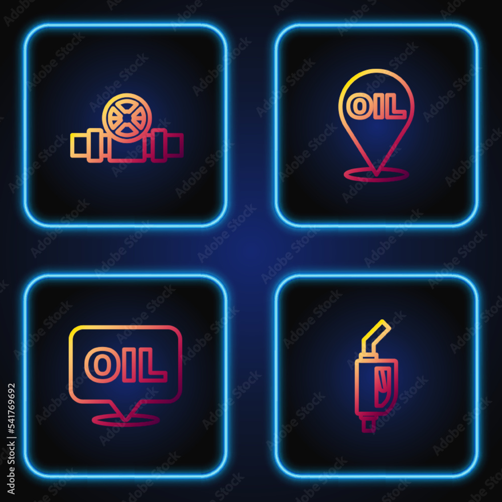 Set line Gasoline pump nozzle, Word oil, Metallic pipes and valve and Refill petrol fuel location. Gradient color icons. Vector Set line Gasoline pump nozzle, Word oil, Metallic pipes and valve and Refill petrol fuel location. Gradient color icons. Vector