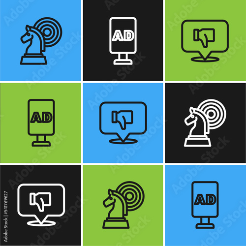 Set line Chess, Dislike in speech bubble and Advertising icon. Vector