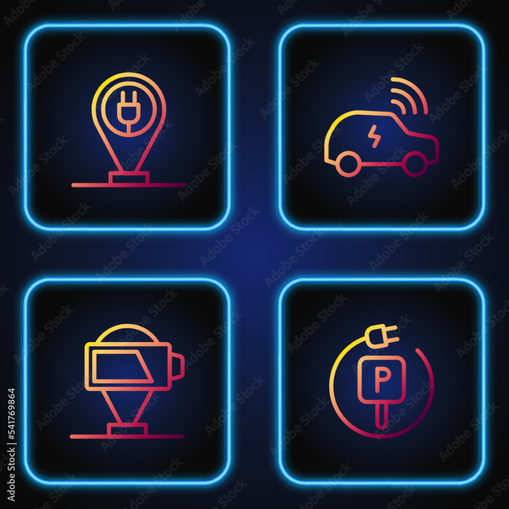 Set line Charging parking electric car, Battery charge, and Smart system. Gradient color icons. Vector Set line Charging parking electric car, Battery charge, and Smart system. Gradient color icons. Vector